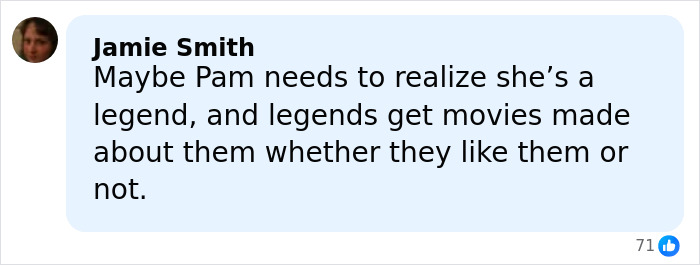 Commenter Jamie Smith responding to Pamela Anderson, discussing her legacy and movie portrayals after the Golden Globes incident.
