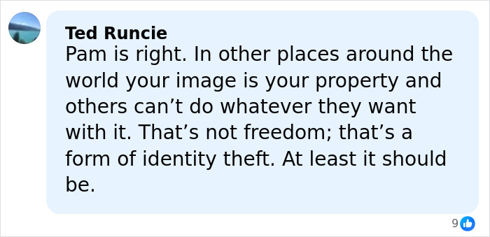 Comment by Ted Runcie discussing Pamela Anderson&rsquo;s views on image rights and identity theft concerns.