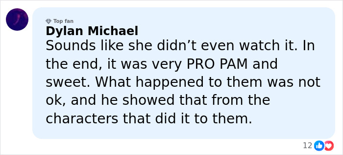 Comment by Dylan Michael discussing Pamela Anderson's experience and reaction involving Seth Rogen at the Golden Globes event.