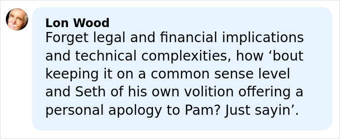 Comment from Lon Wood discussing Seth Rogen offering a personal apology to Pamela Anderson after a Golden Globes incident.