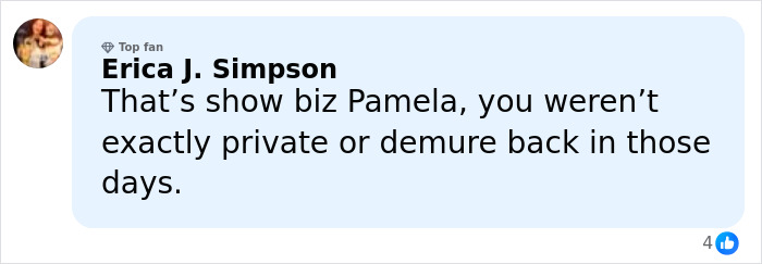 Comment by Erica J. Simpson discussing Pamela Anderson&rsquo;s past in show biz in response to a Golden Globes incident with Seth Rogen.