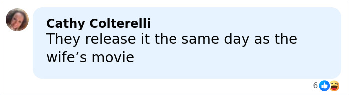 Comment by Cathy Colterelli about timing of DOJ Epstein files release, mentioning the wife’s movie in a social media post. Comment by Cathy Colterelli about timing of DOJ Epstein files release, mentioning the wife’s movie in a social media post.