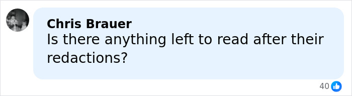 Comment by Chris Brauer asking about remaining content after redactions in DOJ Epstein files discussion. Comment by Chris Brauer asking about remaining content after redactions in DOJ Epstein files discussion.