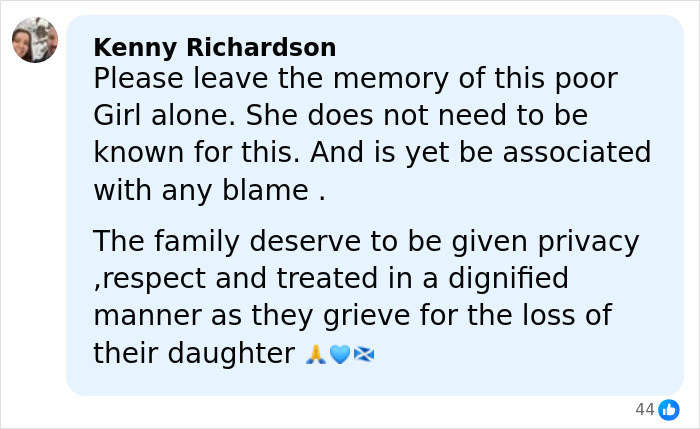 Comment expressing sympathy and urging respect for the family of the waitress linked to the Swiss ski resort fire tragedy.