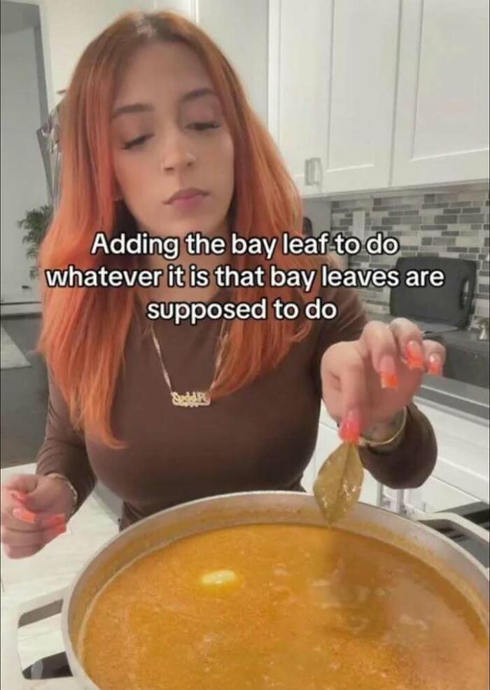 Woman adding a bay leaf to a pot of soup with humorous text about funny screenshots distracting from responsibilities.