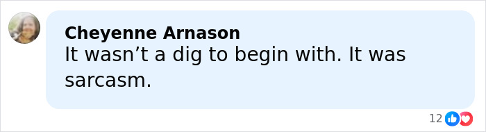 Comment by Cheyenne Arnason clarifying a statement as sarcasm, related to Chris Noth and Sarah Jessica Parker fan backlash.