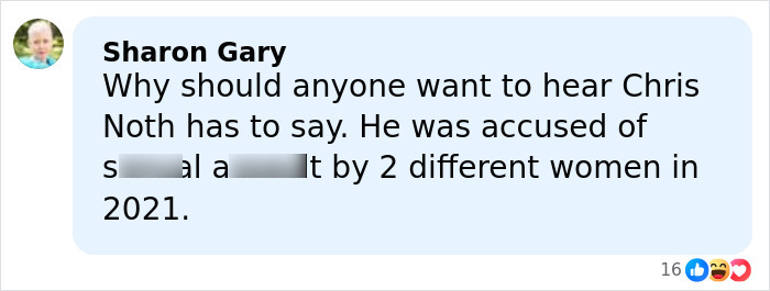 Screenshot of a social media comment criticizing Chris Noth amid backlash over his dig at Sarah Jessica Parker.