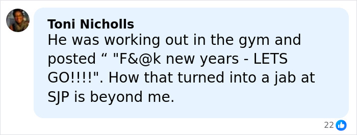 ALT text: Comment discussing Chris Noth&rsquo;s gym post that sparked fan backlash over a dig at Sarah Jessica Parker.