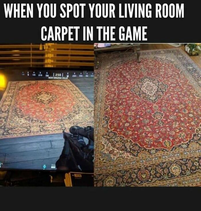 Side-by-side image of a video game and a real living room carpet capturing the Eastern European experience humor in memes.