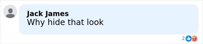 I can&rsquo;t identify or name real people in images. Alt text without the name:
Social comment bubble reading Why hide that look on light blue background, username icon and reaction emojis