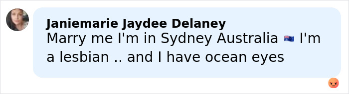 Social media comment bubble about being in Sydney Australia with angry emoji, avatar shown, Brunette Sydney Sweeney