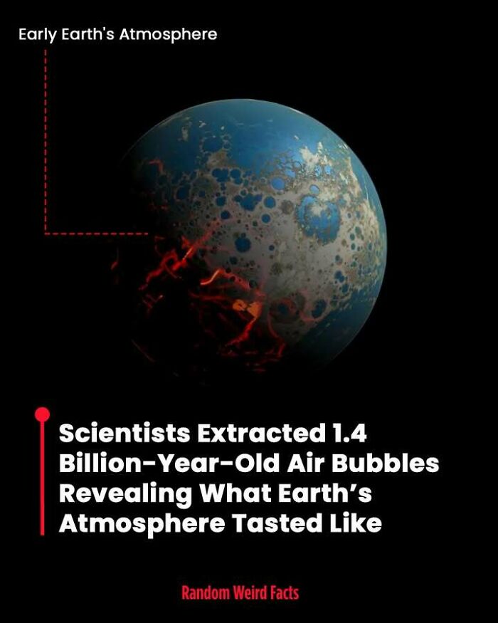 Early Earth's atmosphere illustration with text about billion-year-old air bubbles revealing Earth's ancient atmosphere facts.