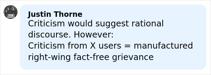 Screenshot of a social media comment by Justin Thorne discussing criticism and manufactured grievances related to Stephen King.