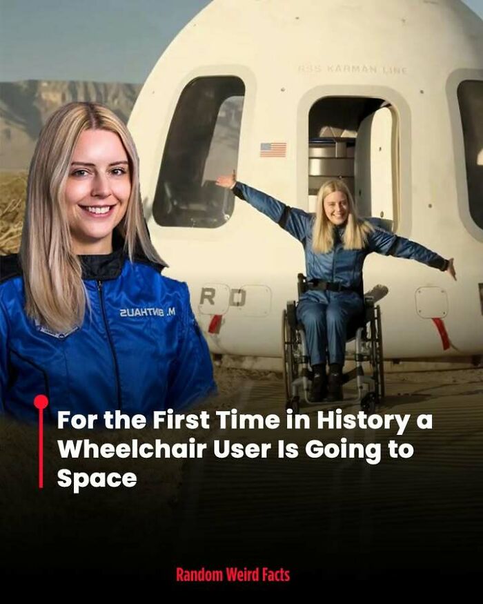 Woman wheelchair user in blue suit celebrates historic space mission near spacecraft, representing facts that linger in your head.