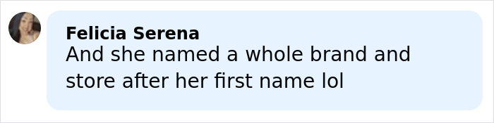 Comment by Felicia Serena about naming a brand and store after her first name in a social media thread.