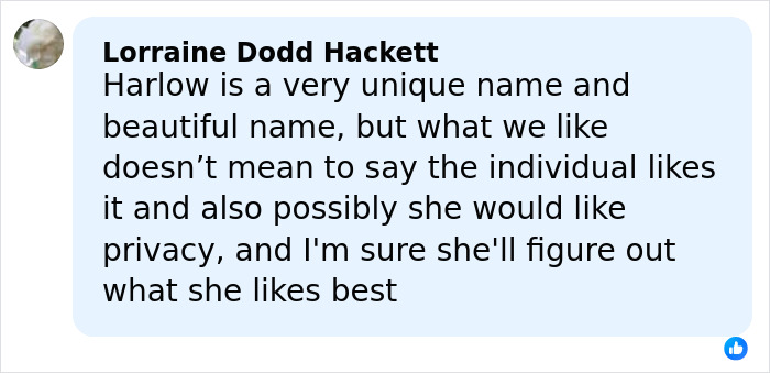Comment discussing Nicole Richie revealing her 18-year-old daughter now goes by a new name, Harlow.