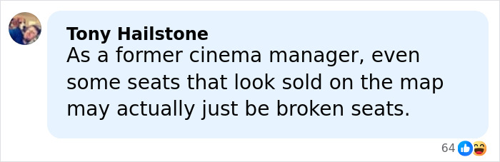 Comment by Tony Hailstone explaining some seats that appear sold on a map may actually be broken in a cinema setting.