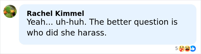Screenshot of a social media comment by Rachel Kimmel discussing harassment related to Hollywood predators.