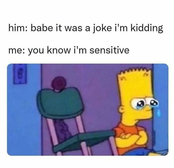 Bart Simpson crying with arms crossed, illustrating sensitivity in a loving meme to send to your girlfriend.