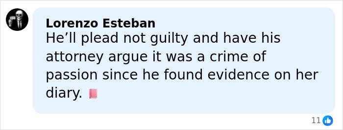 Facebook comment from Lorenzo Esteban discussing a crime of passion after discovering evidence in a diary.