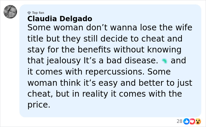 Comment from Claudia Delgado addressing consequences of affair and jealousy, related to teacher&rsquo;s life and explosive diary discovery.