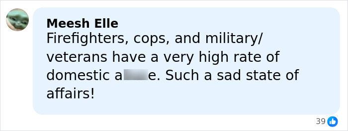 Comment about firefighters, cops, and veterans discussing domestic a***e, reflecting on tragic affairs uncovered.