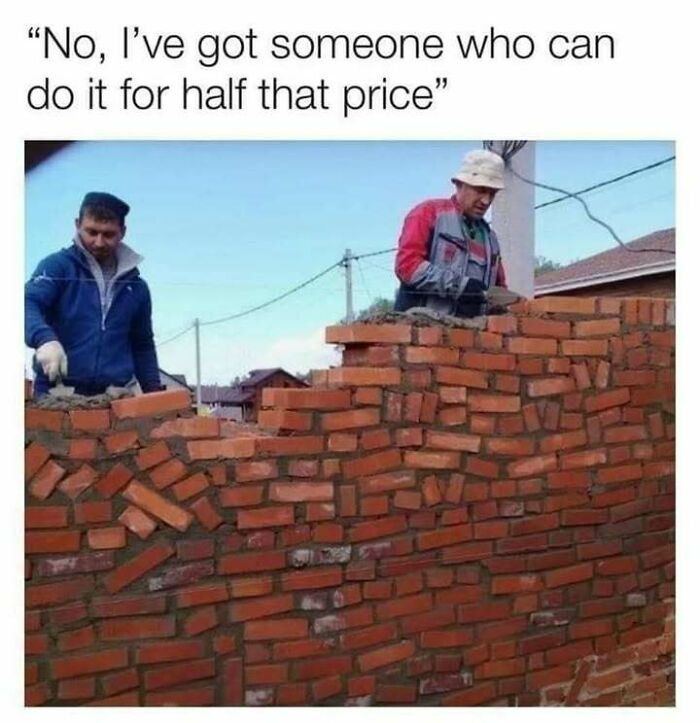 Two men building a crooked brick wall, humorously capturing the Eastern European experience in funny pics and memes.