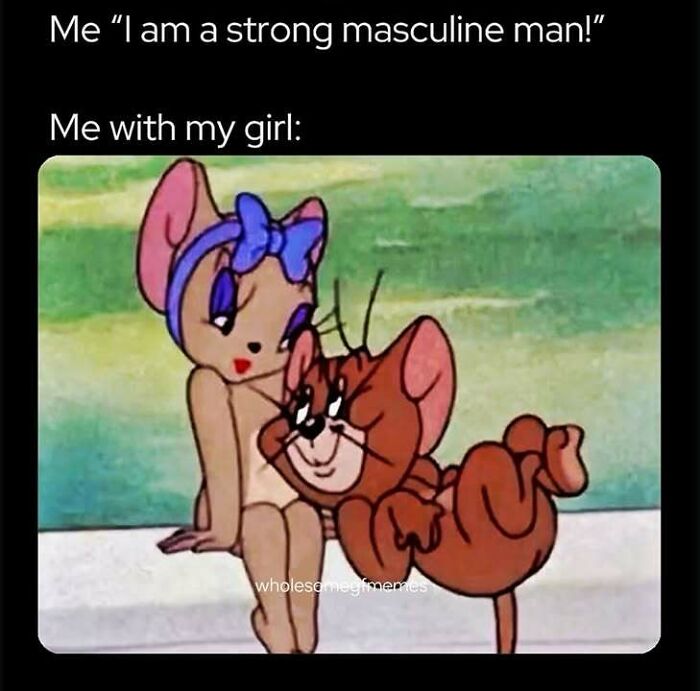 Cartoon meme showing affectionate Tom and female mouse with bow, perfect for loving memes to send to your girlfriend.