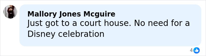Facebook comment by Mallory Jones Mcguire mentioning courthouse arrival and Disney celebration, related to Taylor Swift's wedding report.