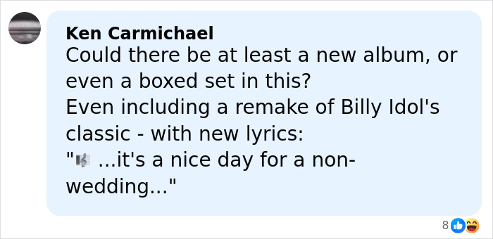 Comment from Ken Carmichael suggesting a new album or boxed set including a remake about Taylor Swift's wedding called off.