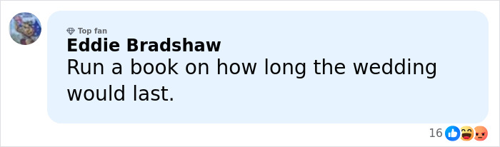 Facebook comment by Eddie Bradshaw discussing speculation on how long Taylor Swift's wedding to Travis Kelce will last.