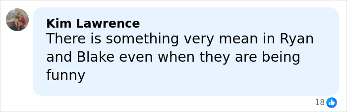 Comment by Kim Lawrence about Ryan Reynolds and Blake, mentioning a mean tone even when they are being funny.