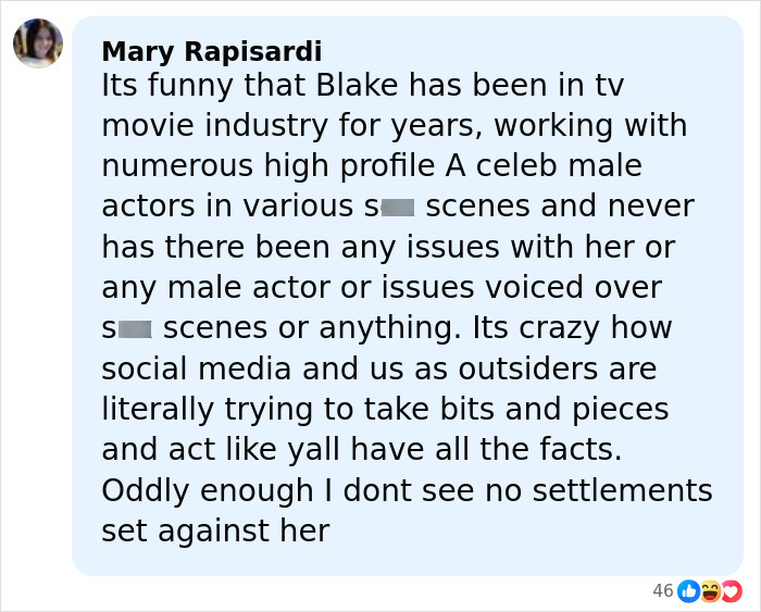 Comment from Mary Rapisardi discussing Blake's TV and movie career amid Ryan Reynolds Justin Baldoni legal battle context.
