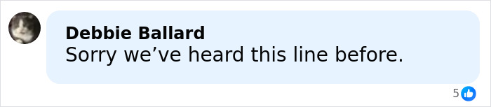 Comment by user Debbie Ballard saying sorry we’ve heard this line before, related to Kanye West health battle apology discussion.