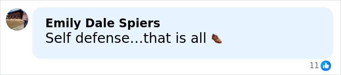 Screenshot of Facebook comment by Emily Dale Spiers reading Self defense that is all with a shoe emoji, related to SF bartender viral response controversy.