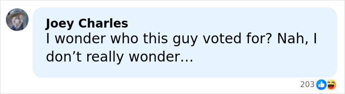 Chat message from user Joey Charles questioning a person's voting choice, featured in a viral male version of Karen meltdown.