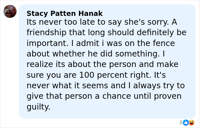 Comment from Stacy Patten Hanak about forgiveness and giving a chance, related to Chris Noth breaking silence after fan backlash.