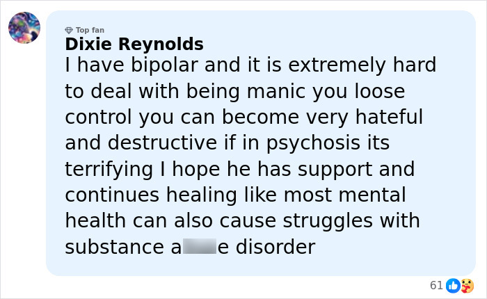 Comment by Dixie Reynolds sharing personal experience with bipolar and mental health challenges related to Kanye West health battle.