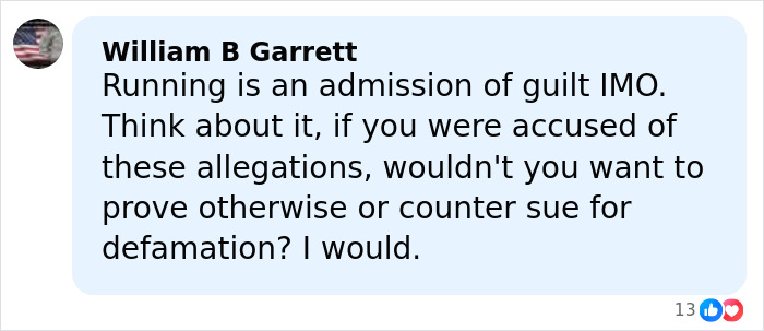 Comment from William B Garrett discussing running as admission of guilt related to accusations and defamation in online forum.