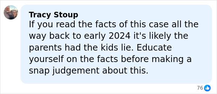 Comment from Tracy Stoup discussing facts and judgments related to accusations and federal agents smashing down Timothy Busfield&rsquo;s door.
