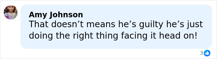 Facebook comment by Amy Johnson defending Timothy Busfield amidst armed federal agents at his home after accusations.