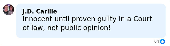 Comment by J.D. Carlile emphasizing innocence until proven guilty in court, responding to accusations involving armed federal agents.