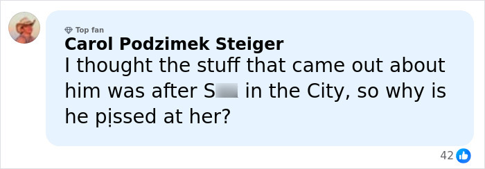 Comment from a user discussing the Sarah Jessica Parker feud with Chris Noth after his harsh remarks on her award.