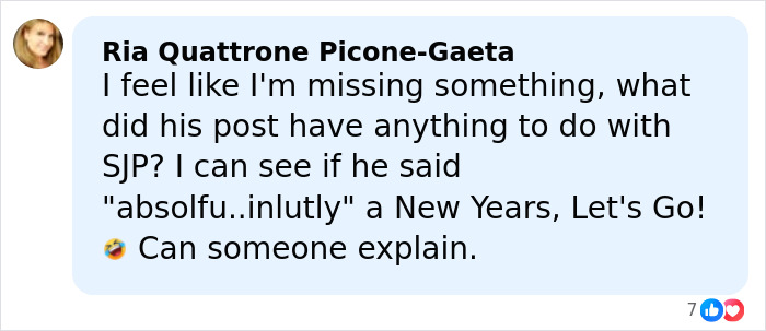 Comment by Ria Quattrone Picone-Gaeta asking for explanation about Sarah Jessica Parker feud with Chris Noth after his comment on award.
