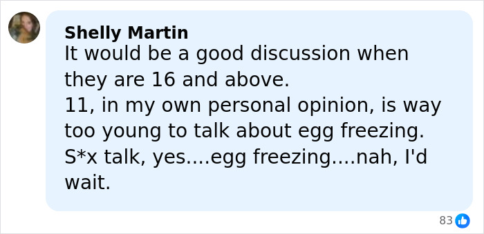 Commenter Shelly Martin expressing opinion that 11 is too young to discuss egg freezing in an online thread.