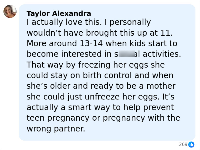 Comment from Taylor Alexandra discussing freezing eggs at a young age and its impact on birth control and pregnancy prevention.