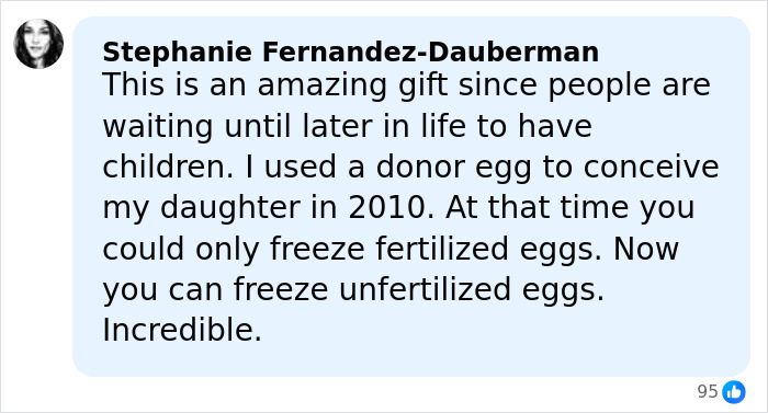 Comment by Stephanie Fernandez-Dauberman explaining the benefits of freezing fertilized and unfertilized eggs for delayed parenting.