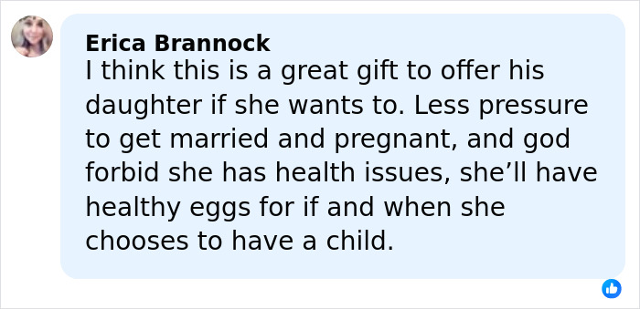 Comment from Erica Brannock supporting Dax Shepard's conversation with his daughter about freezing eggs and future family planning.