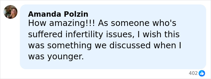Comment on social media discussing infertility and reactions to a talk about freezing eggs with an 11-year-old.