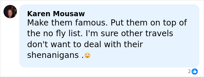 Comment by Karen Mousaw discussing adult stars refusing to leave first-class seats and potential travel restrictions.